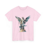 Artistic angel graphic tee on a pink background, perfect for casual wear and art lovers. Custom t-shirt by My Name Is POD.
