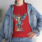 Stylish red graphic tee with angel design, worn with denim jacket. Perfect custom t-shirt for art lovers, My Name Is POD.
