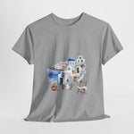 Santorini-inspired heavy cotton tee with graphic print, perfect summer beach casual wear. My Name Is POD.