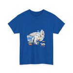 Santorini-inspired graphic tee in blue, ideal beach shirt for summer vacations, custom t-shirt by My Name Is POD.