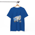 Santorini-inspired graphic tee in blue hue, perfect for summer and travel. Custom t-shirt by My Name Is POD.