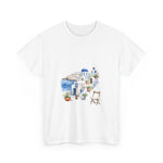 Santorini-inspired graphic tee featuring iconic blue domes, perfect for summer vacations. Custom t-shirt, My Name Is POD.