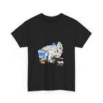 Santorini-inspired graphic tee on black cotton shirt, perfect for summer travel and casual wear. My Name Is POD