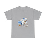 Gray Santorini-inspired graphic tee with Mediterranean design, perfect for summer vacations. Custom t-shirt, My Name Is POD.