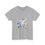 Santorini-inspired graphic tee showcasing Mediterranean style, perfect for summer vacations. My Name Is POD.