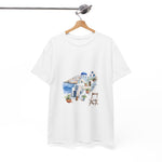 White Santorini-inspired tee with graphic design, perfect for summer vacations. Custom t-shirt from My Name Is POD.