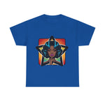 Bold graphic tee featuring a stylish woman on a blue shirt. Perfect for casual wear, custom t-shirt, My Name Is POD.