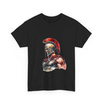 Warrior Spirit Tee featuring a Spartan design on black cotton shirt, perfect for casual wear. My Name Is POD.