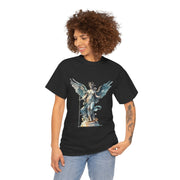 Artistic angel graphic tee worn by a woman, perfect for art lovers. Custom t-shirt, print on demand. My Name Is POD