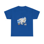 Blue Santorini-inspired t-shirt with graphic design, perfect for beach outings and travel. Custom t-shirt by My Name Is POD.
