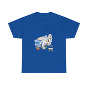 Blue Santorini-inspired t-shirt with graphic design, perfect for beach outings and travel. Custom t-shirt by My Name Is POD.