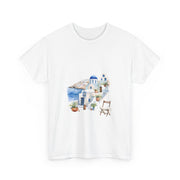 Santorini-inspired graphic tee featuring iconic blue domes, perfect for summer vacations. Custom t-shirt, My Name Is POD.