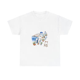 Santorini-inspired graphic tee featuring a beautiful landscape. Perfect for summer vacations. My Name Is POD