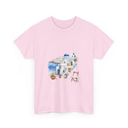 Santorini-inspired pink graphic tee perfect for summer vacations; custom t-shirt for travelers, My Name Is POD.