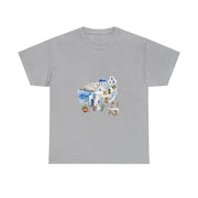 Gray Santorini-inspired graphic tee with Mediterranean design, perfect for summer vacations. Custom t-shirt, My Name Is POD.