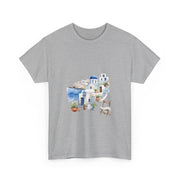 Santorini-inspired graphic tee showcasing Mediterranean style, perfect for summer vacations. My Name Is POD.
