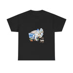 Black Santorini-inspired graphic tee showcasing vibrant Mediterranean scenery, perfect for summer. My Name Is POD.