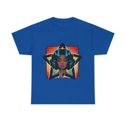 Bold graphic tee featuring a stylish woman on a blue shirt. Perfect for casual wear, custom t-shirt, My Name Is POD.