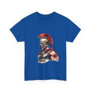 Warrior Spirit Tee featuring a Spartan design on a blue unisex cotton shirt, perfect for history lovers. My Name Is POD.