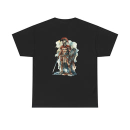 Watercolor Spartan graphic tee showcasing a warrior design on a black unisex t-shirt. Custom t-shirt, My Name Is POD.